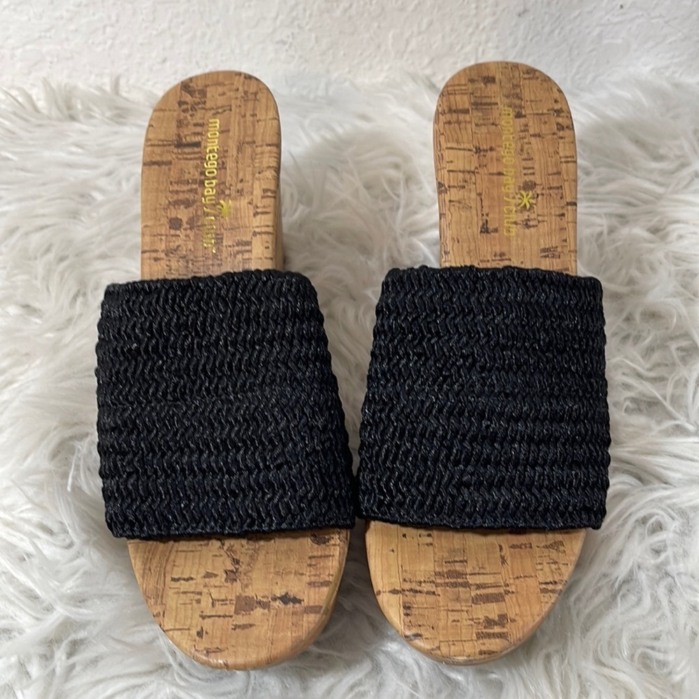 MONTEGO BAY CLUB Woven Slide Cork Wedges Slip On Black Fabric Size 9